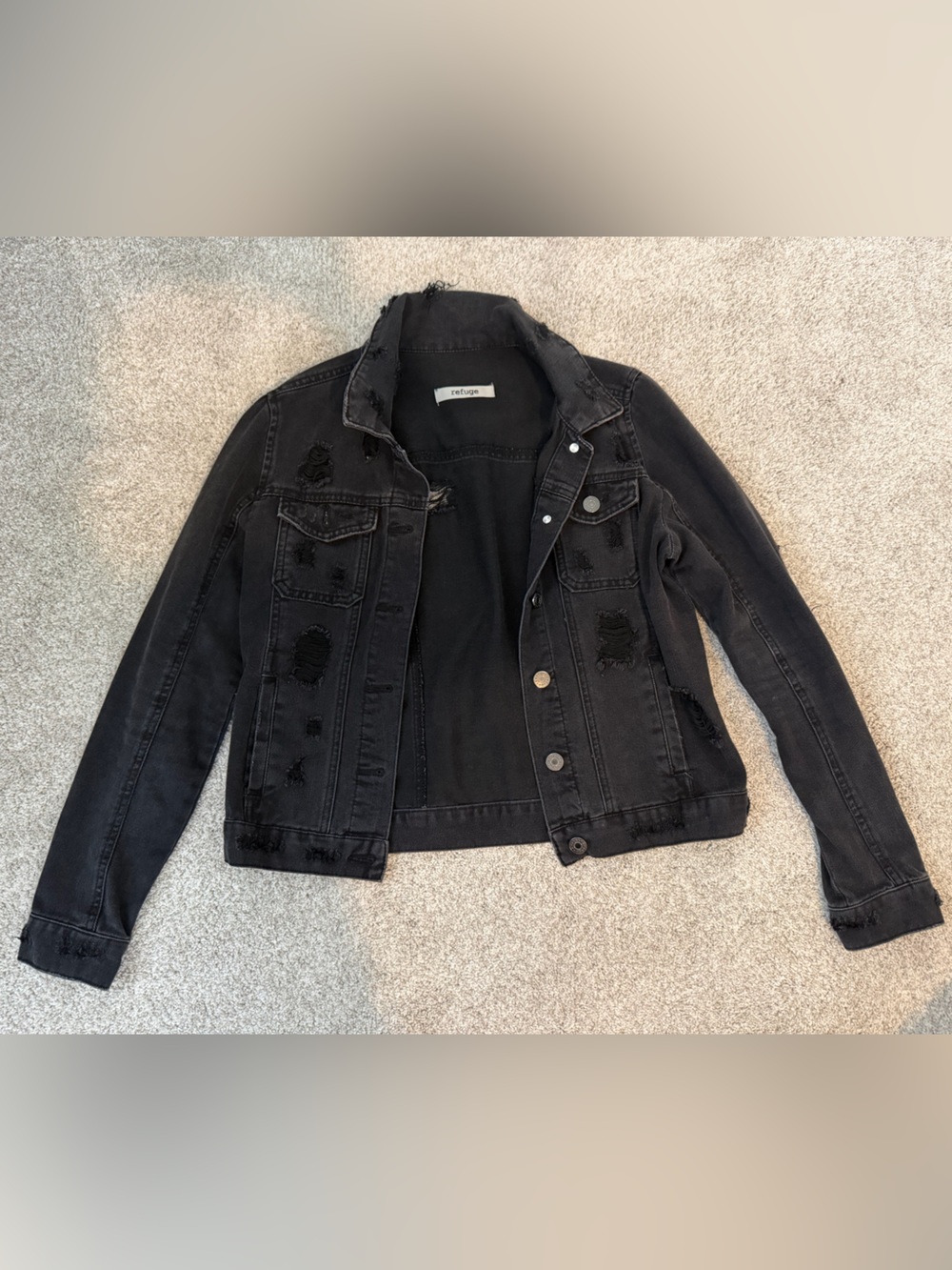 refuge Black Distressed Denim Jacket with Label